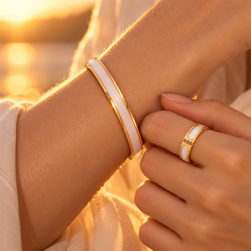 Women's 2pc Elegant White Enamel Bangle & Ring Set, Buckle Style